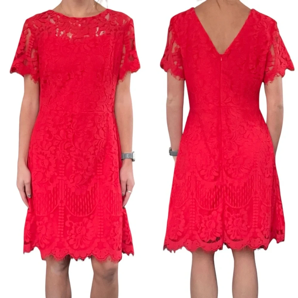 MSLG Womens Sz Large Bright Red Floral Lace Short Sleeve Round Neck A-line Dress